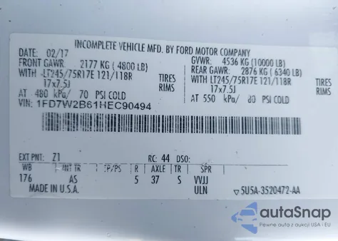 2017 Ford F-250 Xl z USA, uszkodzony, nr VIN 1FD7W2B61HEC90494